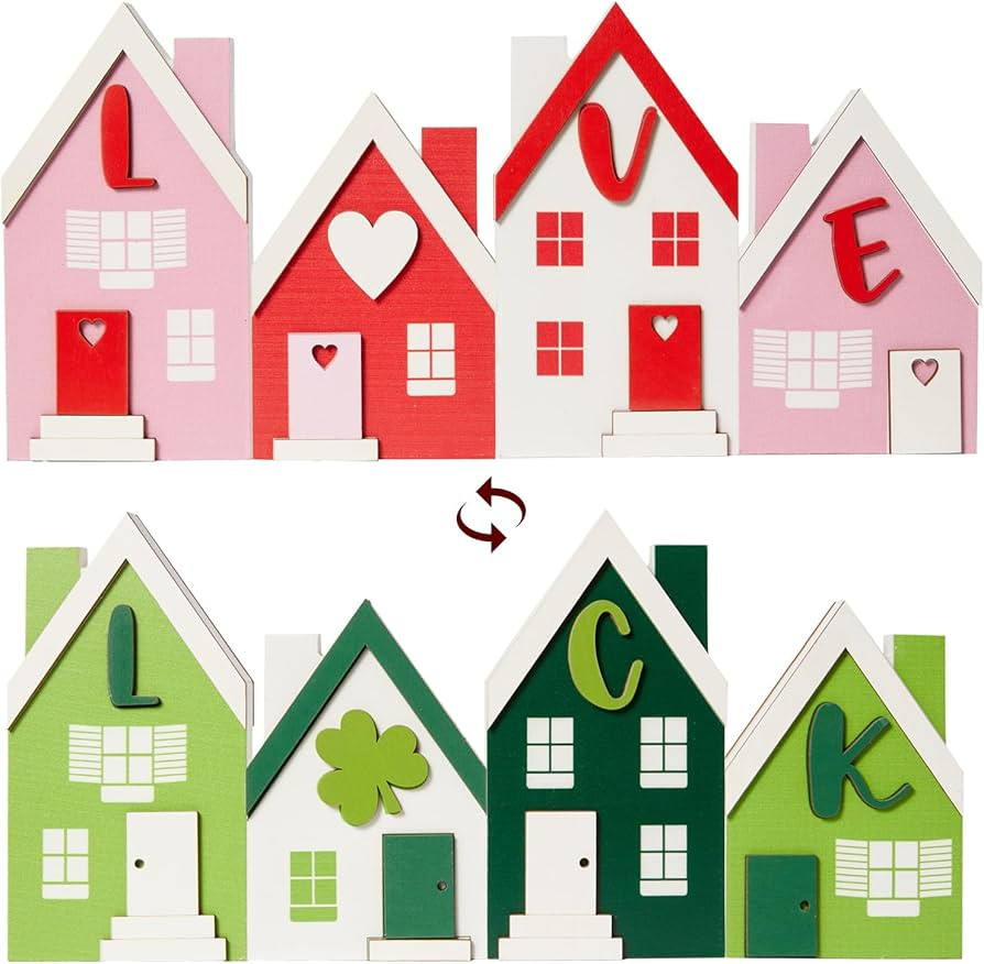 DN DECONATION Valentines & St. Patrick Day Wooden Table Signs Decor, Reversible House Wooden Bloc... | Amazon (US)