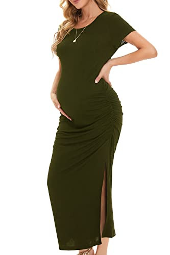Smallshow Women's Split Long Maternity Dress Short Sleeve Ruched Pregnancy Clothes Large Army Green | Amazon (US)