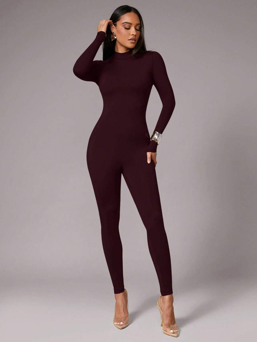 Silquee Women's Elegant Autumn Long Sleeve Black Burgundy Stretch Knit Skinny Square Neck Jumpsui... | SHEIN