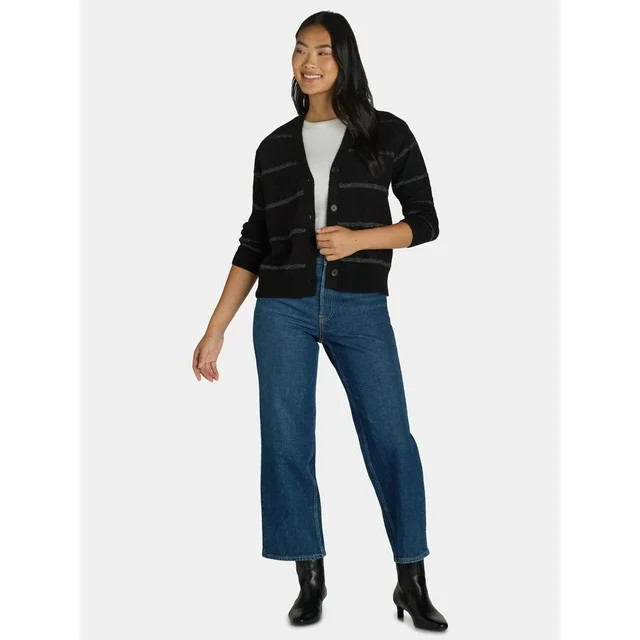 Time and Tru Women's Metallic Striped Cardigan Sweater, Midweight, Sizes XS-XXXL - Walmart.com | Walmart (US)