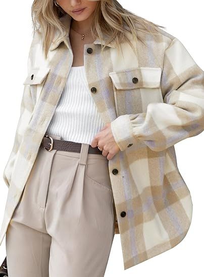 Beaully Women's Flannel Plaid Shacket Long Sleeve Button Down Shirts Jacket Coats with Side Pocke... | Amazon (US)