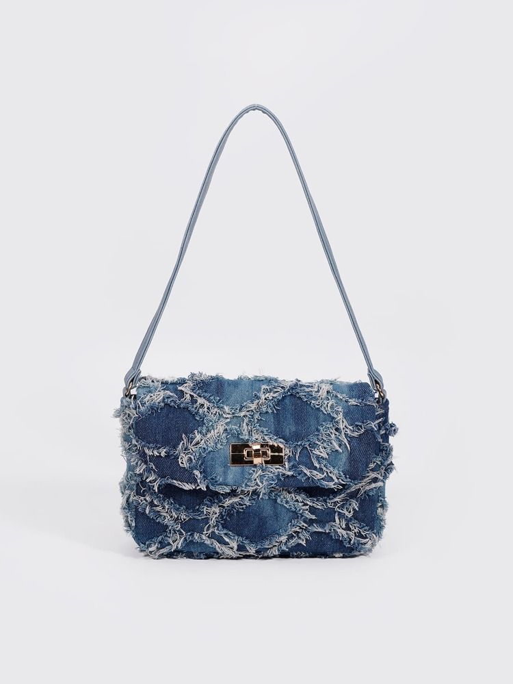 Frayed Trim Twist Lock Flap Denim Square Bag | SHEIN