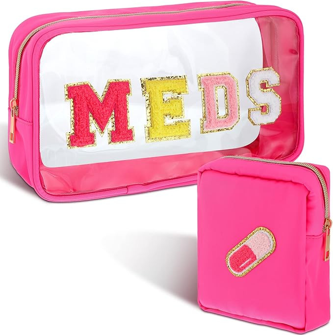 Hillban 2 Pcs Medicine Bag Chenille Letter Bag Preppy Clear Makeup Meds Travel Bag Nylon Pouch Se... | Amazon (US)