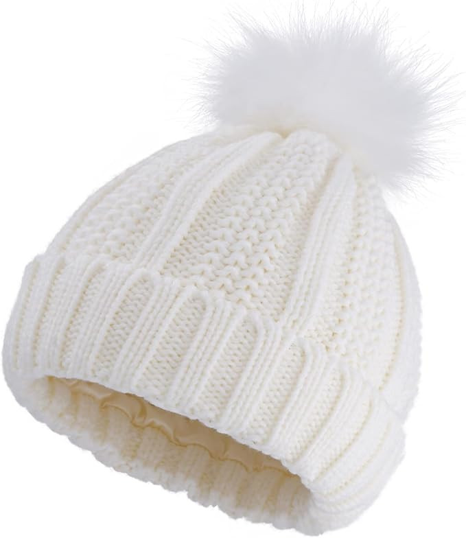 XIAOHAWANG Winter Warm Skull Cap for Women Winter Knitted Beanie Hat with Faux Fur Pom | Amazon (US)