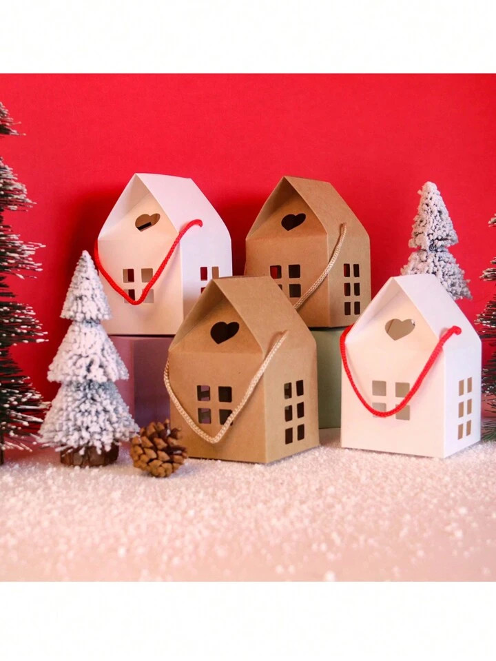 5/10pcs Christmas House Shape Candy Boxes Kraft Paper Gift Wrapping Box Cookie Packaging Bag Chri... | SHEIN
