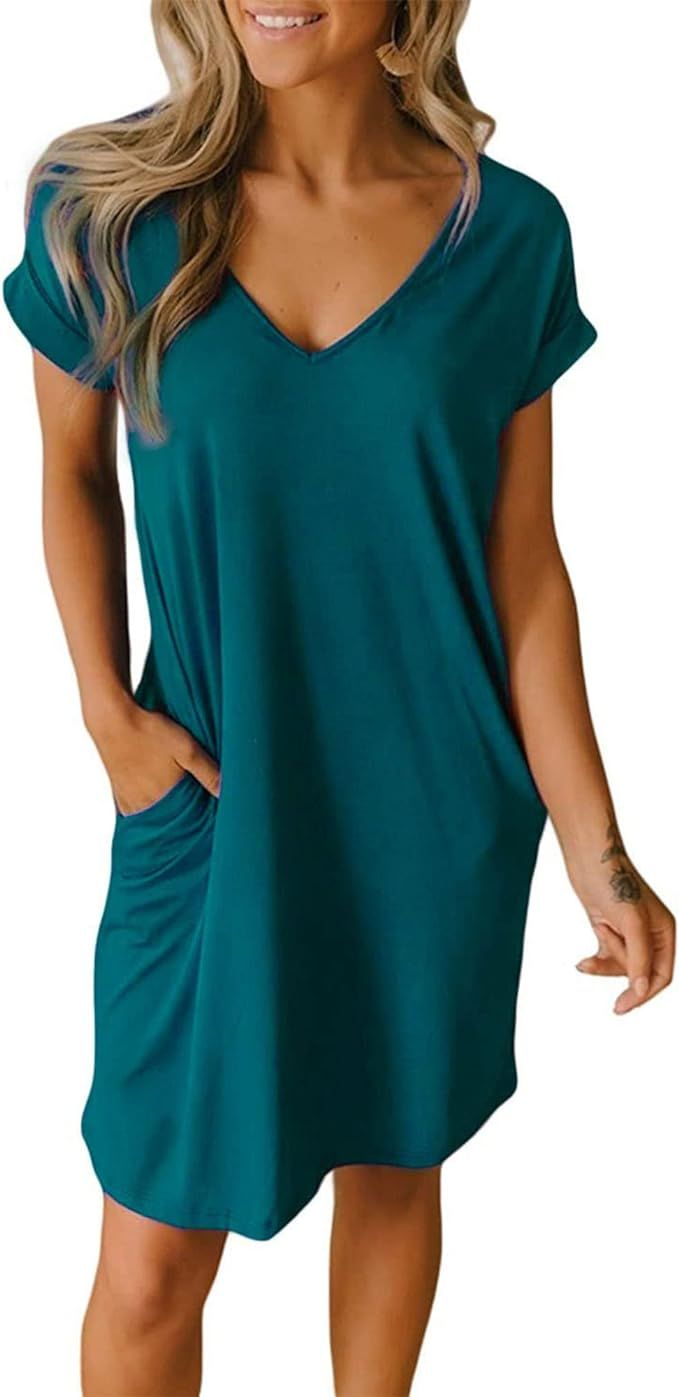 BTFBM Women V-Neck Short Sleeve Summer Dresses 2023 Spring Casual Loose T-Shirt Tunic Short Dress... | Amazon (US)