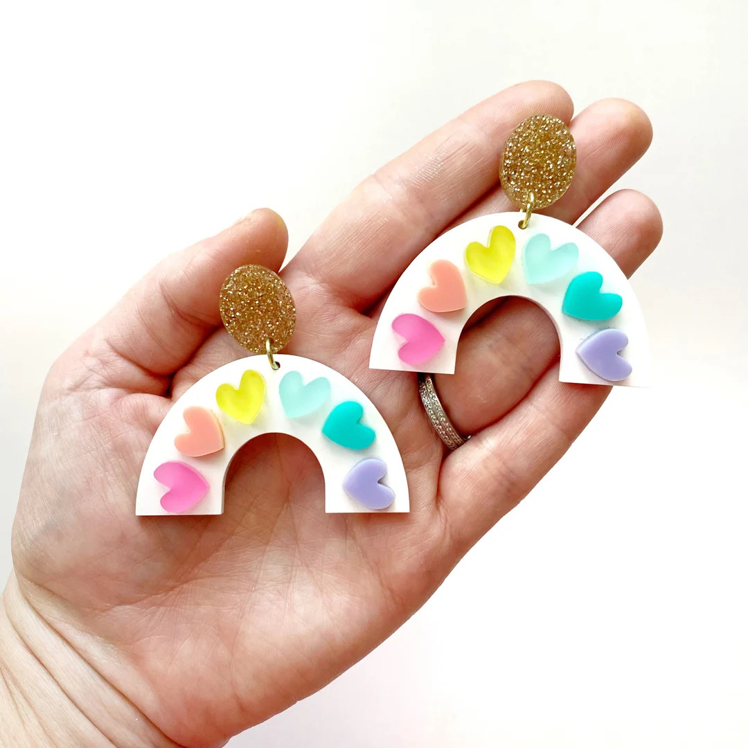 Rainbow Heart Statement Earrings - Etsy | Etsy (US)