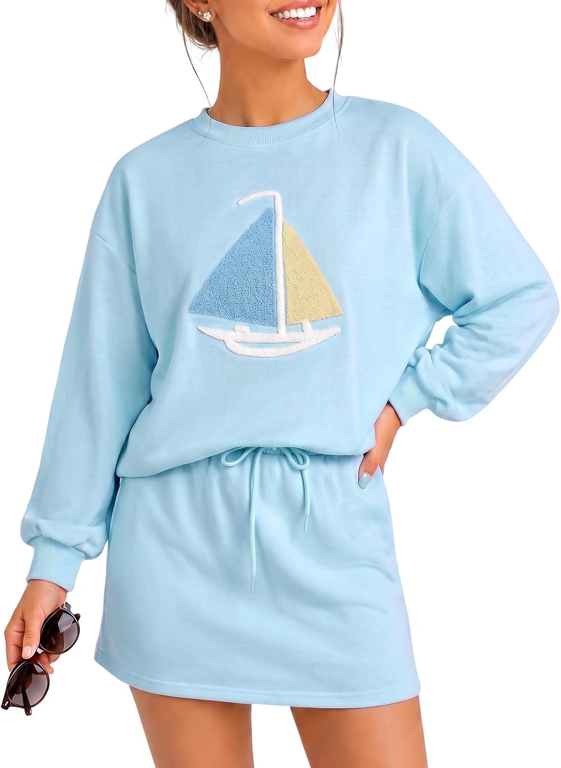 Wenrine Womens 2 Piece Skirt Sets Sailboat Drawstring Skorts Workout Set | Amazon (US)