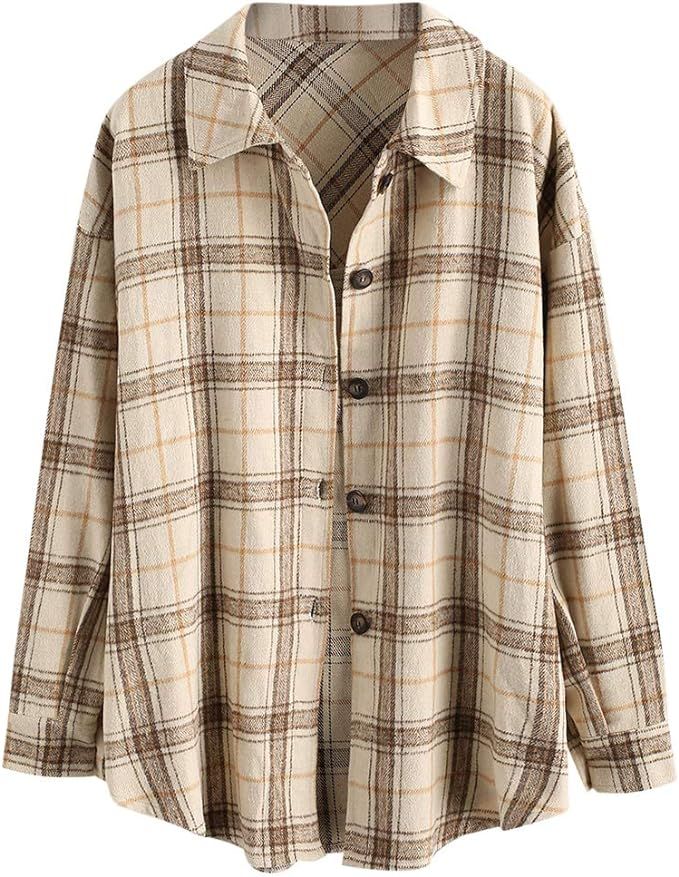 ZAFUL Women's Plaid Long Sleeve Button Down Wool Blend Shirt Jacket Blouse | Amazon (US)