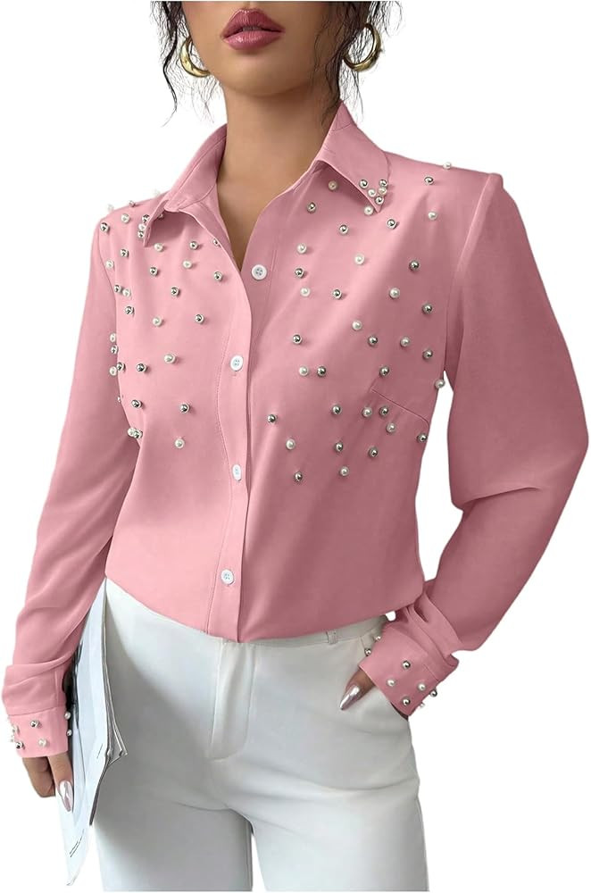 SweatyRocks Women's Pearl Elegant Tops Button Down Shirts Long Sleeve Work Office Blouse | Amazon (US)