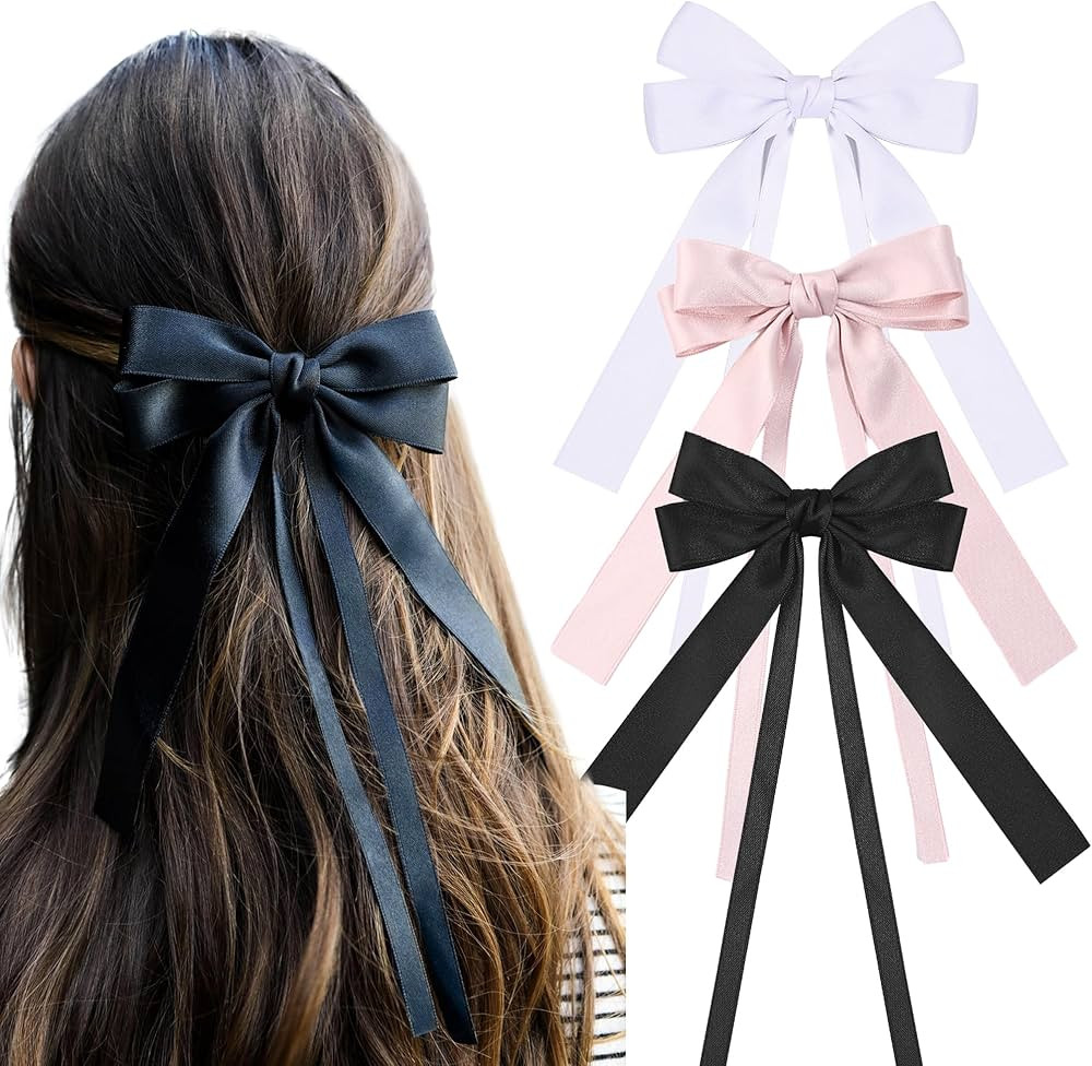 Styla Hair 3-Piece Satin Bow Clip Set for Women & Girls - Metal Alligator Clip No Slip Double Lon... | Amazon (US)