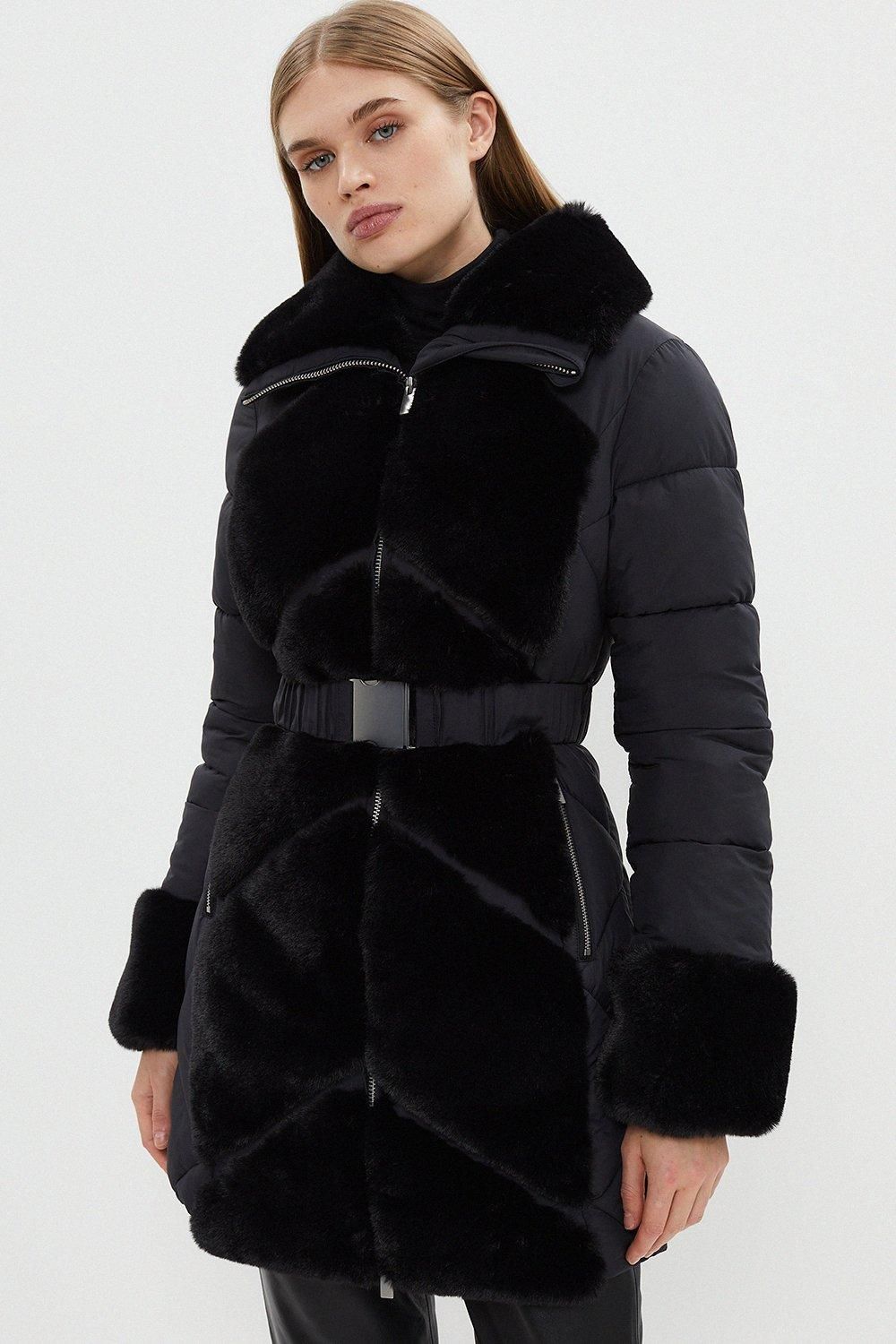 Quilted Diagonal Faux Fur Panel Belted Coat | Coast UK & IE