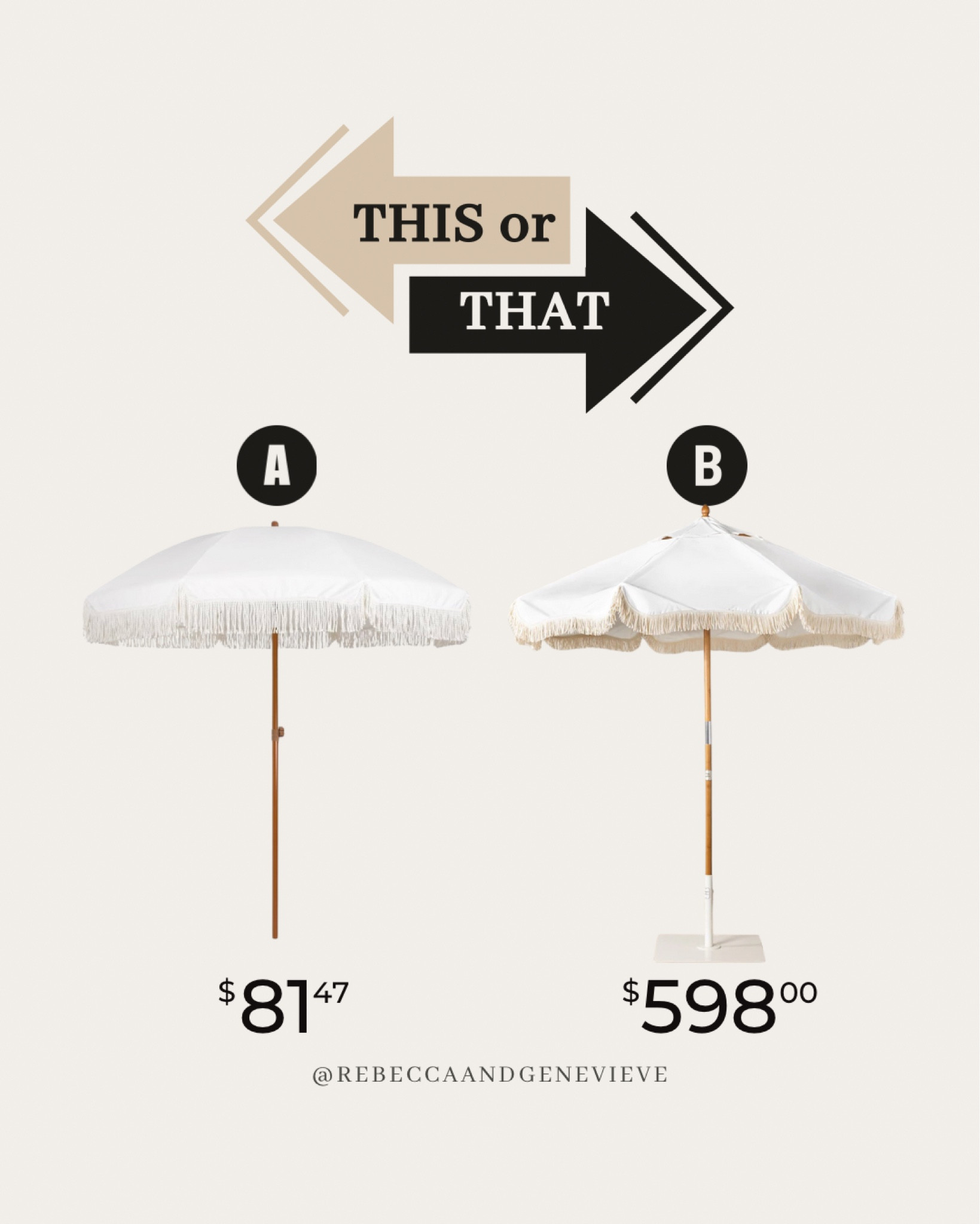 Similar styles, with different price tags! Which one would you pick? 
-
Dupes. Save or splurge. Patio umbrella. Home decor. Patio decor. Outdoor decor. 

#LTKfindsunder100 #LTKSeasonal #LTKhome