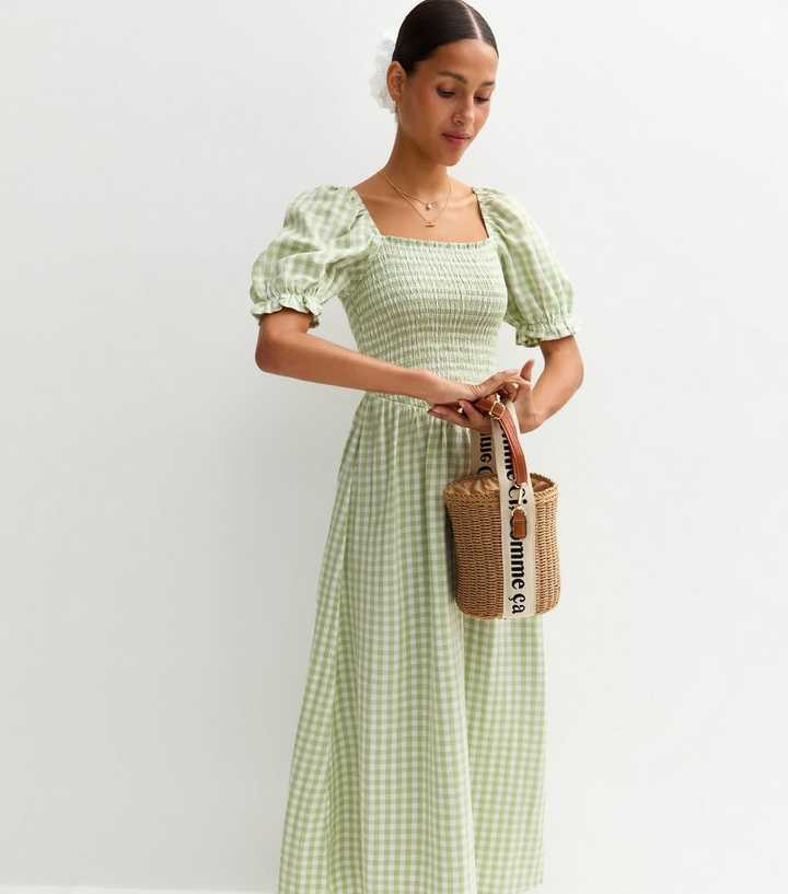 Green Checked Puff Sleeve Midi Dress | New Look | New Look (UK)