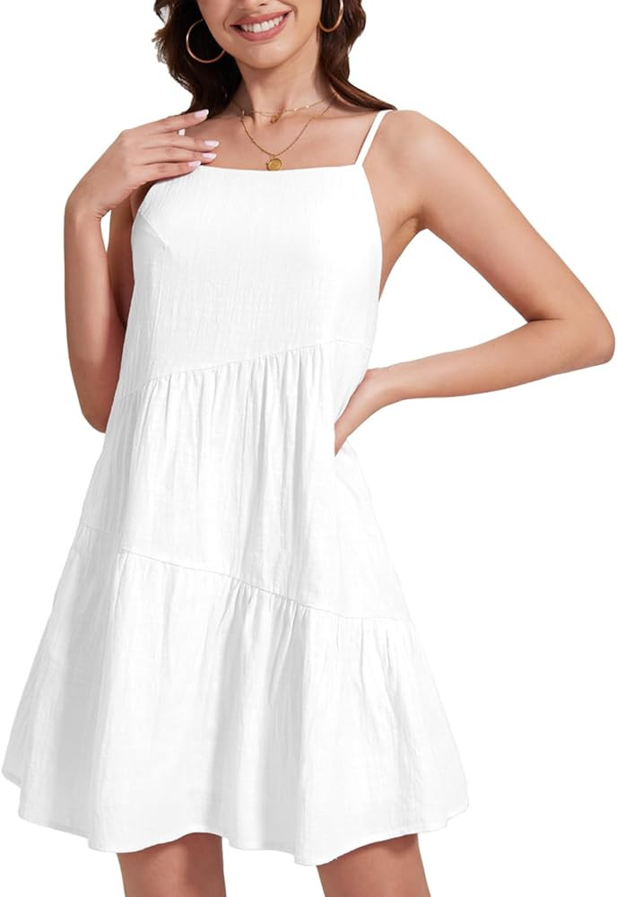 FANCYINN Women's 2025 Summer Mini Dress Sleeveless Spaghetti Strap,Backless Tiered Swing Dress Be... | Amazon (US)