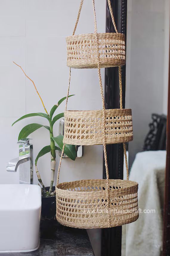 Seagrass Hanging fruit 3-tiers basket, planter, container, natural weave basket, Storage woven we... | Etsy (US)