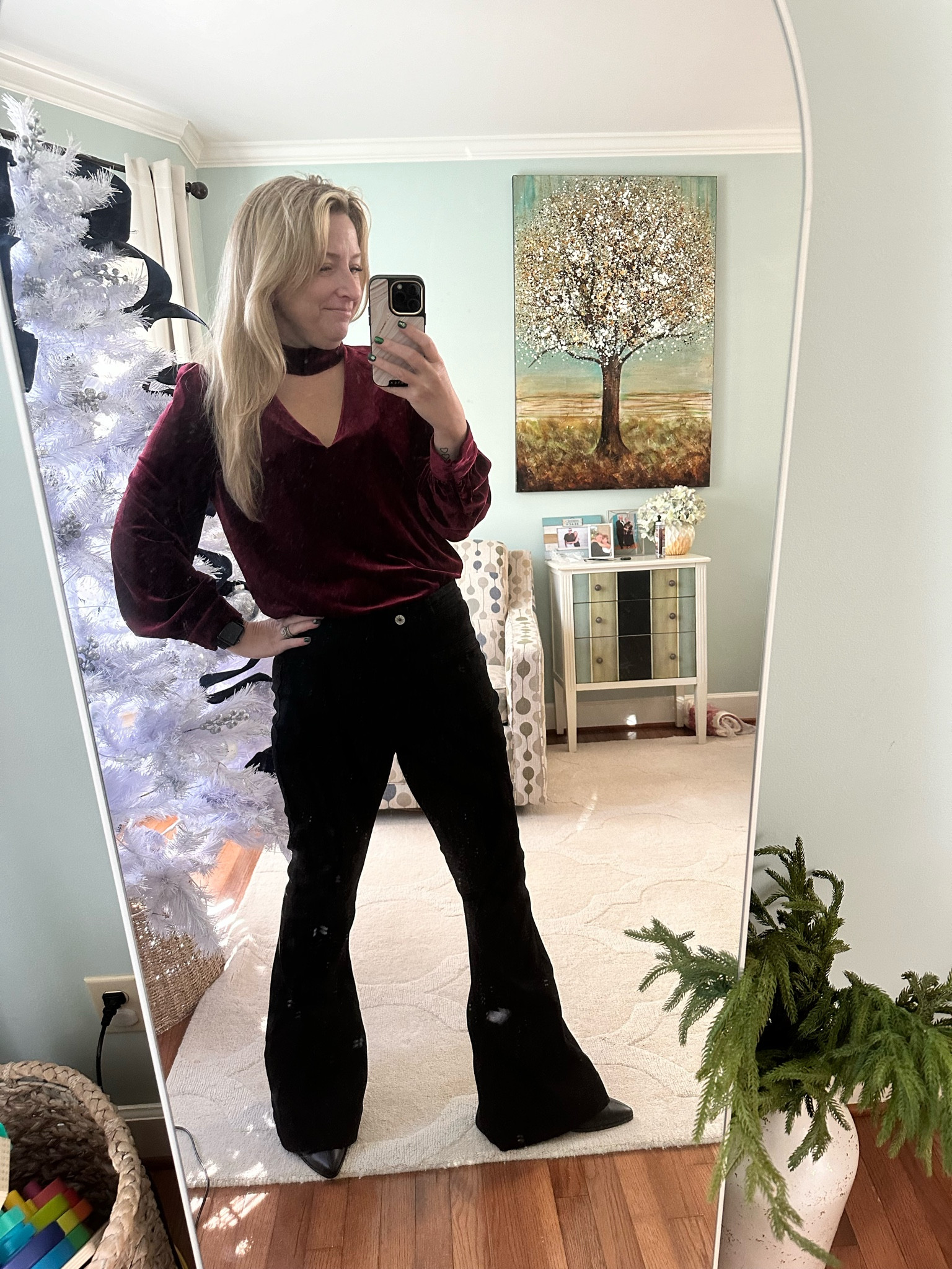 Velvet choker top
Black flares
Skinny heel boot
Vici code Trilbystyle 

#LTKover40 #LTKHoliday #LTKshoecrush
