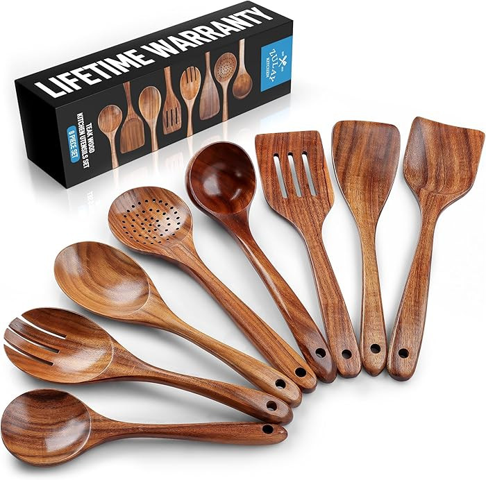 Zulay Kitchen Premium 8-Piece Wooden Spoons - Smooth Finish, Natural Teak Wood, Non-Stick, Handma... | Amazon (US)