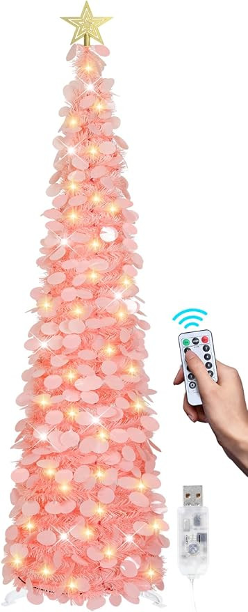 6 FT Pop Up Christmas Tree with 100 LED Timer Lights & Remote, Pink Collapsible Christmas Tinsel ... | Amazon (US)