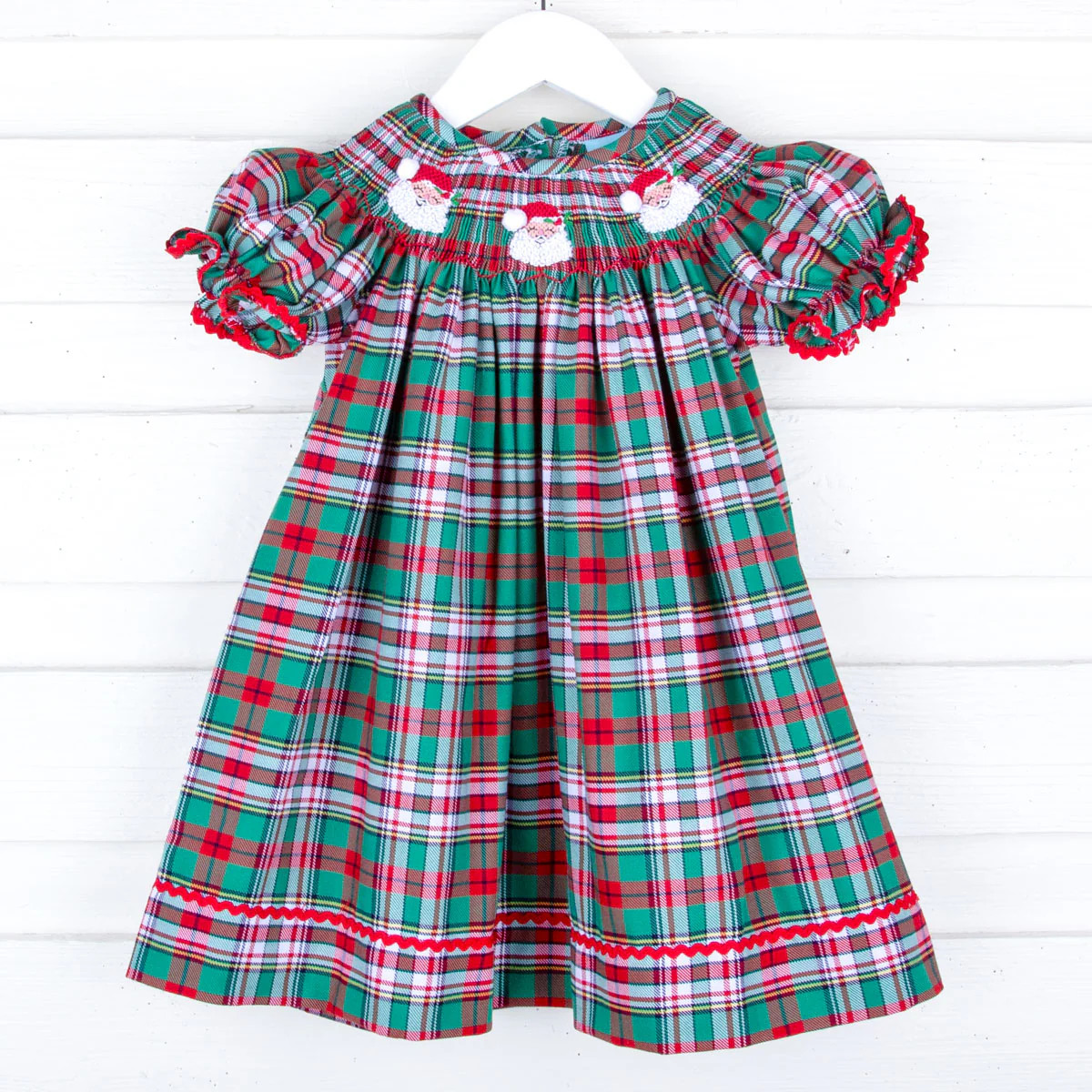 Merry & Bright Plaid Smocked Santa Bishop Dress | Classic Whimsy