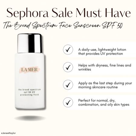 Sephora Skincare Alert! 

A vital oath of your skincare routine is incorporating sunscreen! 

This La Mer Broad Spectrum Face Sunscreen SPF 50 is super moisturizing & has amazing ingredients to help with your skin texture. 

Apply as the last step during your morning skincare routine.

Use the code “YAYSAVE” to get up to 30% off during Sephora’s sale. Ends on 4/15!

#LTKbeauty #LTKxSephora #LTKU