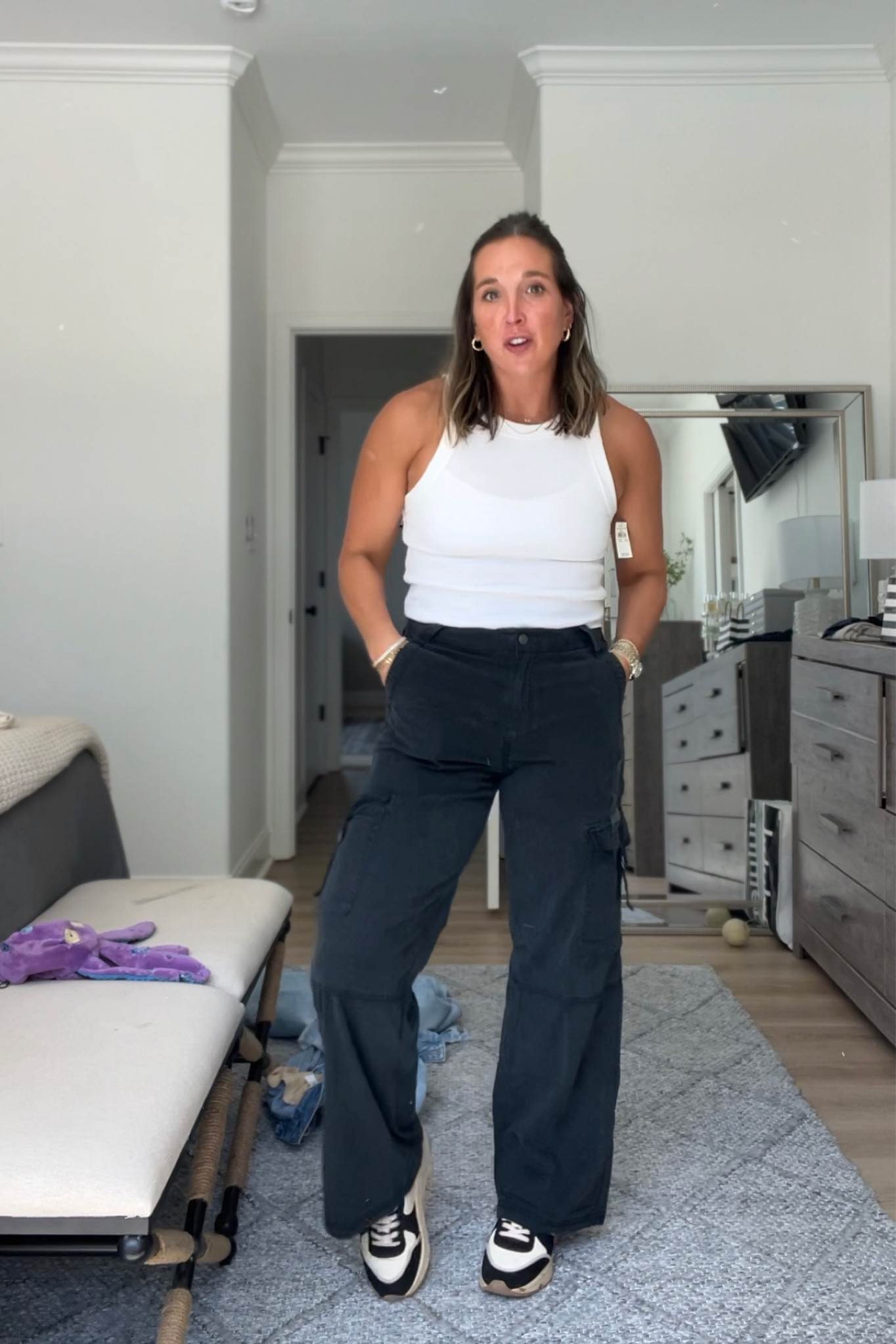 Loveee how soft these cargos are 
American eagle cargo pants
Aerie ribbed tank top 

I’m in a size 4 and they are perfect fit 
In a size medium in the tank 

#LTKSeasonal #LTKsalealert #LTKSale