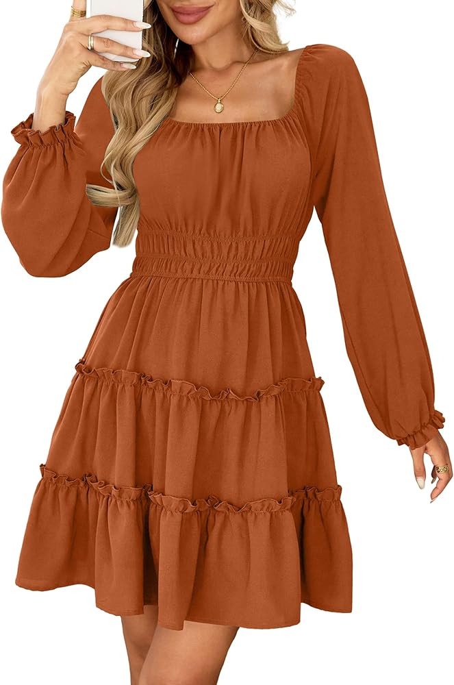 Amoretu Women’s Square Neck Long Sleeve Dress Burn Orange Dress Fall Mini Dress Fall Dresses Amazon | Amazon (US)