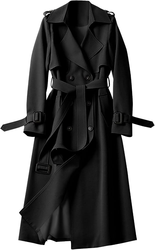 Trench Coat Women Long Double Breasted Jackets Classic Elegant Windproof Lapel Overcoat with Belt Fall Winter Outwear | Amazon (US)