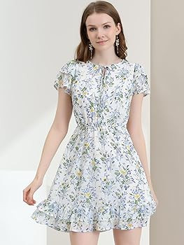 Allegra K Women's Ruffle Sleeve Self-Tie V Neck Flowy Ruffled A-Line Floral Chiffon Dress | Amazon (US)
