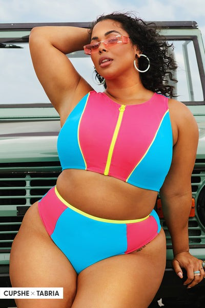 Cali Colorblock Zip Up Tankini & High Waist Plus Size Bikini Set | Cupshe
