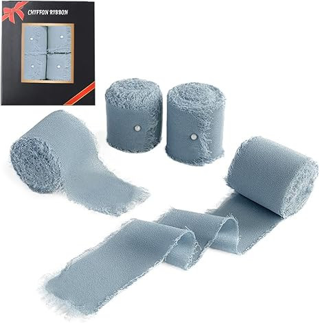 LIUYAXI Handmade Fringe Chiffon Silk Ribbon 1-3/4" x 7Yd, 4 Rolls Dusty Blue Ribbons Set Perfect ... | Amazon (US)