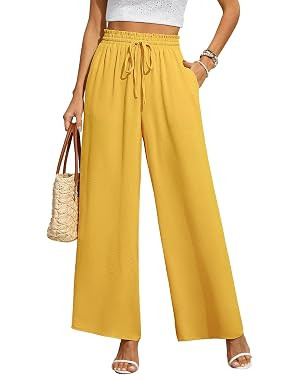 CZYINXIAN Women's Casual Wide Leg Pants Flowy Adjustable Tie Knot Elastic Waist Pants with Pocket... | Amazon (US)