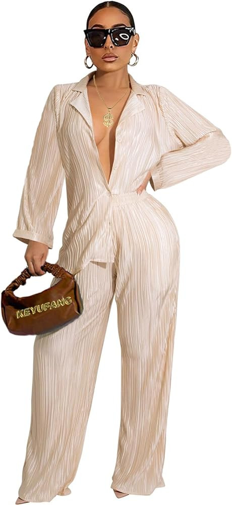 KEYUFANG 2 Piece Outfits for Women 90s Casual Boho Trendy Muse Shirt Wide Leg Pants Solid Daily P... | Amazon (US)