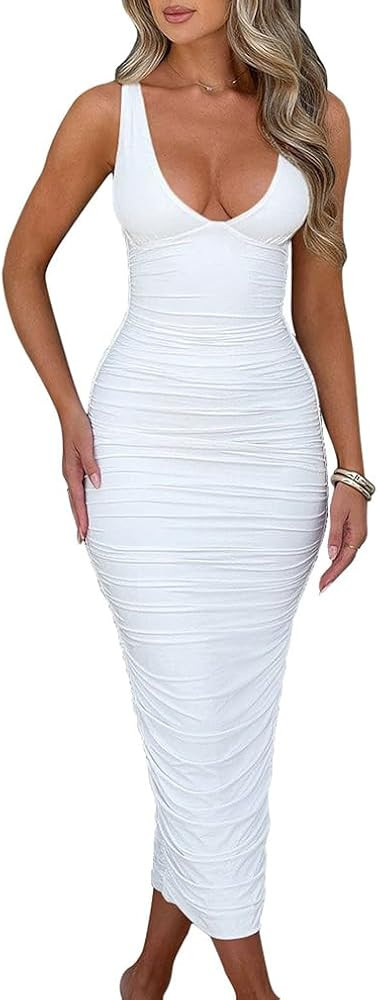 BEAGIMEG Women's Sexy Ruched Sleeveless Deep V Elegant Cocktail Evening Party Maxi Dress | Amazon (US)
