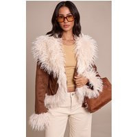 Petite Brown Faux Suede Fur Trim Afghan Coat | PrettyLittleThing UK