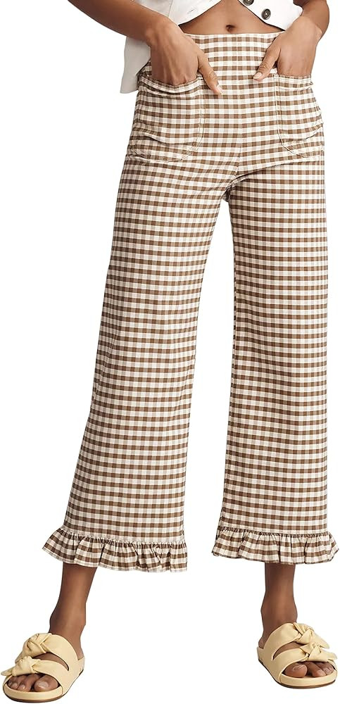 Women's Plaid Flare Pants Summer Casual Gingham Elastic Waist Ruffle Cropped Hem Y2K Loose Fit Tr... | Amazon (US)