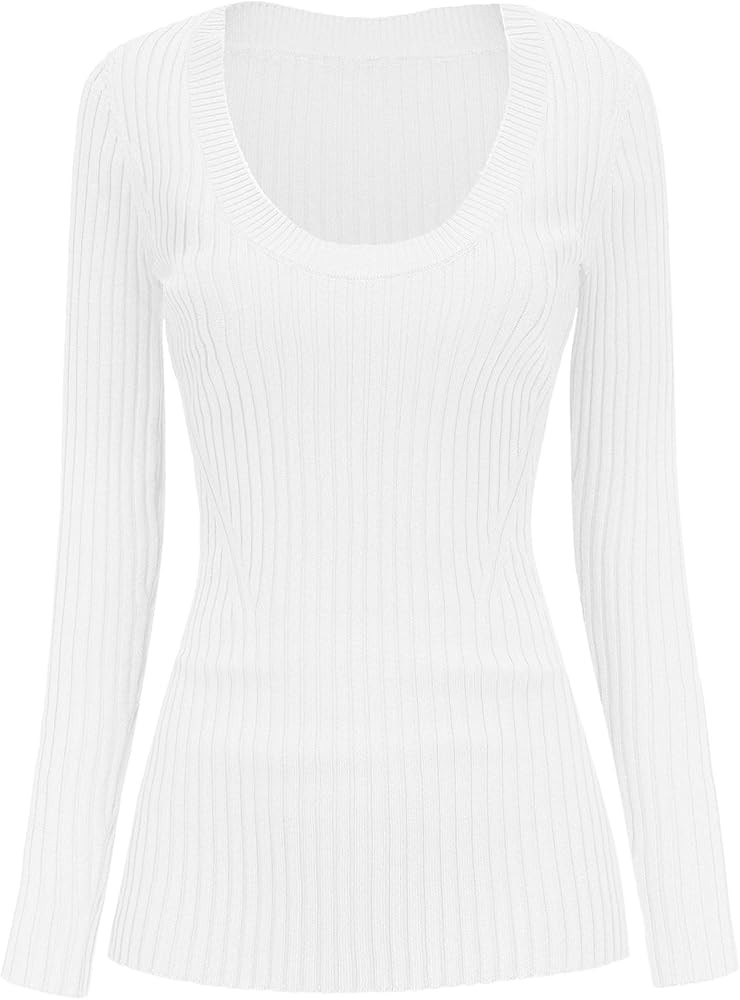 v28 Women Scoop Neck U-Neck Knit Long Sleeve Slim Fit Ribbed Sweater Tops | Amazon (US)