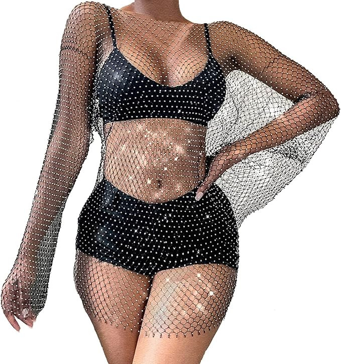 See Through Rhinestone Mesh Top for Women Fishnet Bikini Cover Up for Women Shiny Fishnet Top Lon... | Amazon (US)