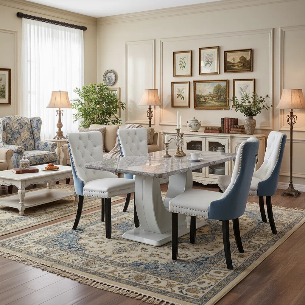 Lumina Modern 63" Rectangular Gray Marble Grain Tufted Velvet Dining Set（Set Of 5） | Wayfair North America