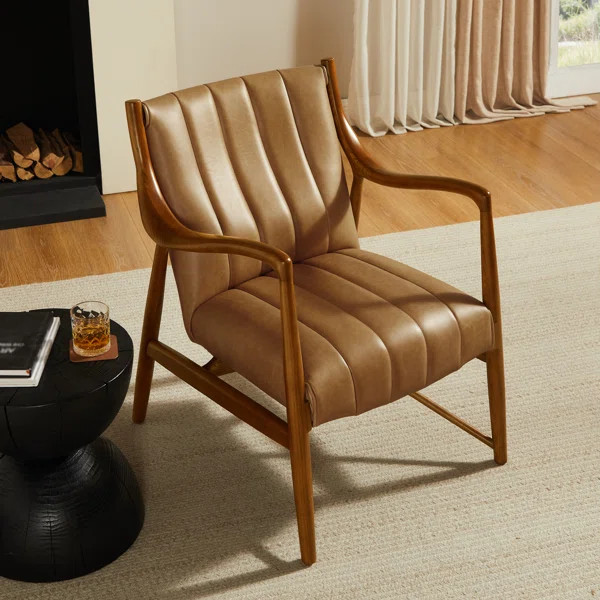 Genuine Leather Upholstered Tufted Accent Armchair With Solid Wood Frame | Wayfair North America