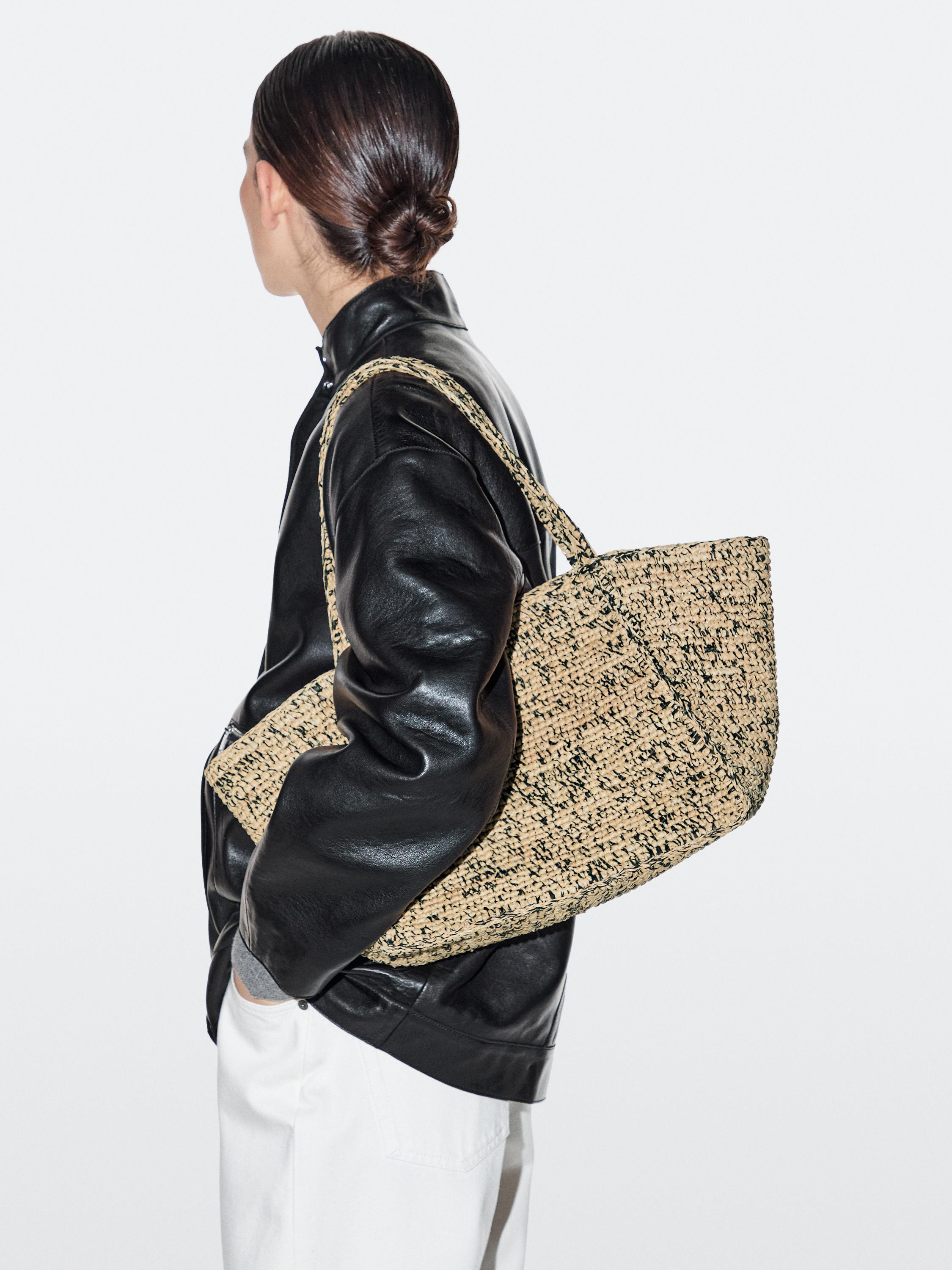 100% raffia mid-sized tote bag | Massimo Dutti UK