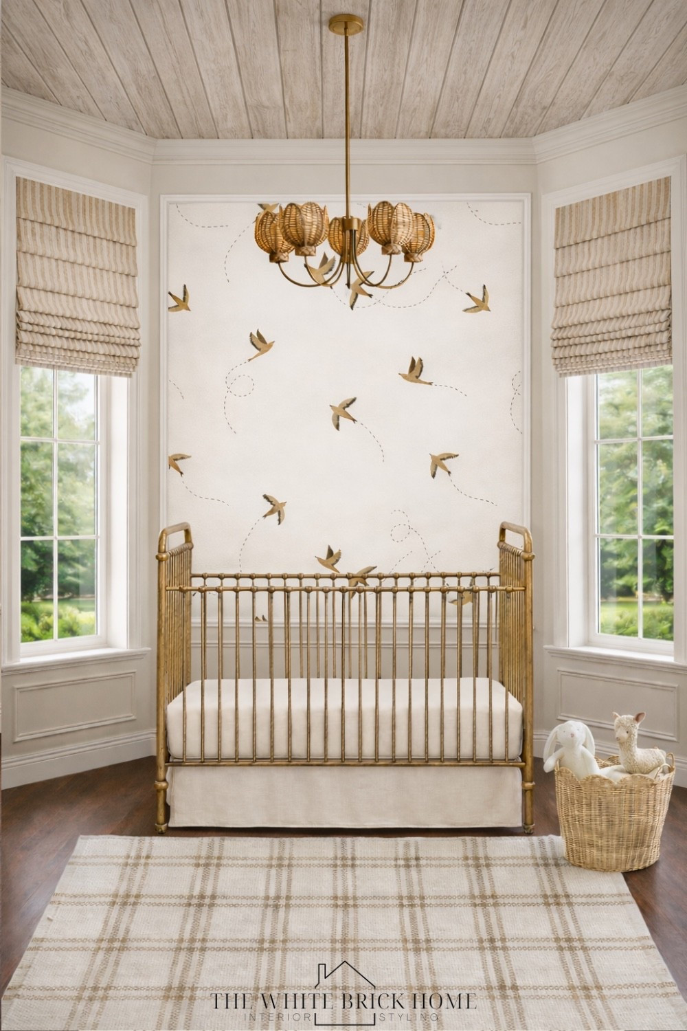 Soft neutral nursery with brass crib, bird wallpaper, and classic plaid rug - timeless, cozy and and calm. 
🖤🖤
Nursery, nursery design, crib, nursery design ideas, nursery wallpaper, nursery decor, nursery design ideas, neutral nursery. Nursery decor ideas, chandelier, Roman shades. Nursery furniture, nursery finds. Home decor. Nursery design ideas. Baby girl, baby girl nursery, pottery barn baby nursery, area rug, rug, nursery rug, nursery storage, nursery bedding, wayfair, target, Etsy, Amazon, pottery barn 


#LTKBaby #LTKBump #LTKHome