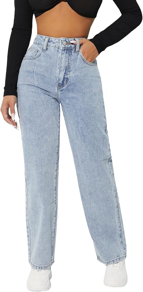 MakeMeChic Women's Straight Leg Jeans Casual High Waisted Denim Pants | Amazon (US)