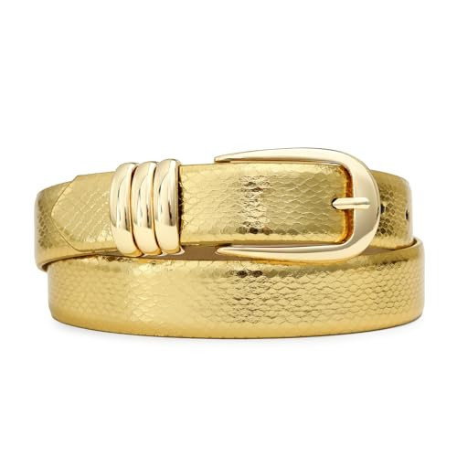 RISANTRY Gold Leather Belt for Women Metallic Shiny with Gold Buckle for Evening Dresses Formal Events | Amazon (US)