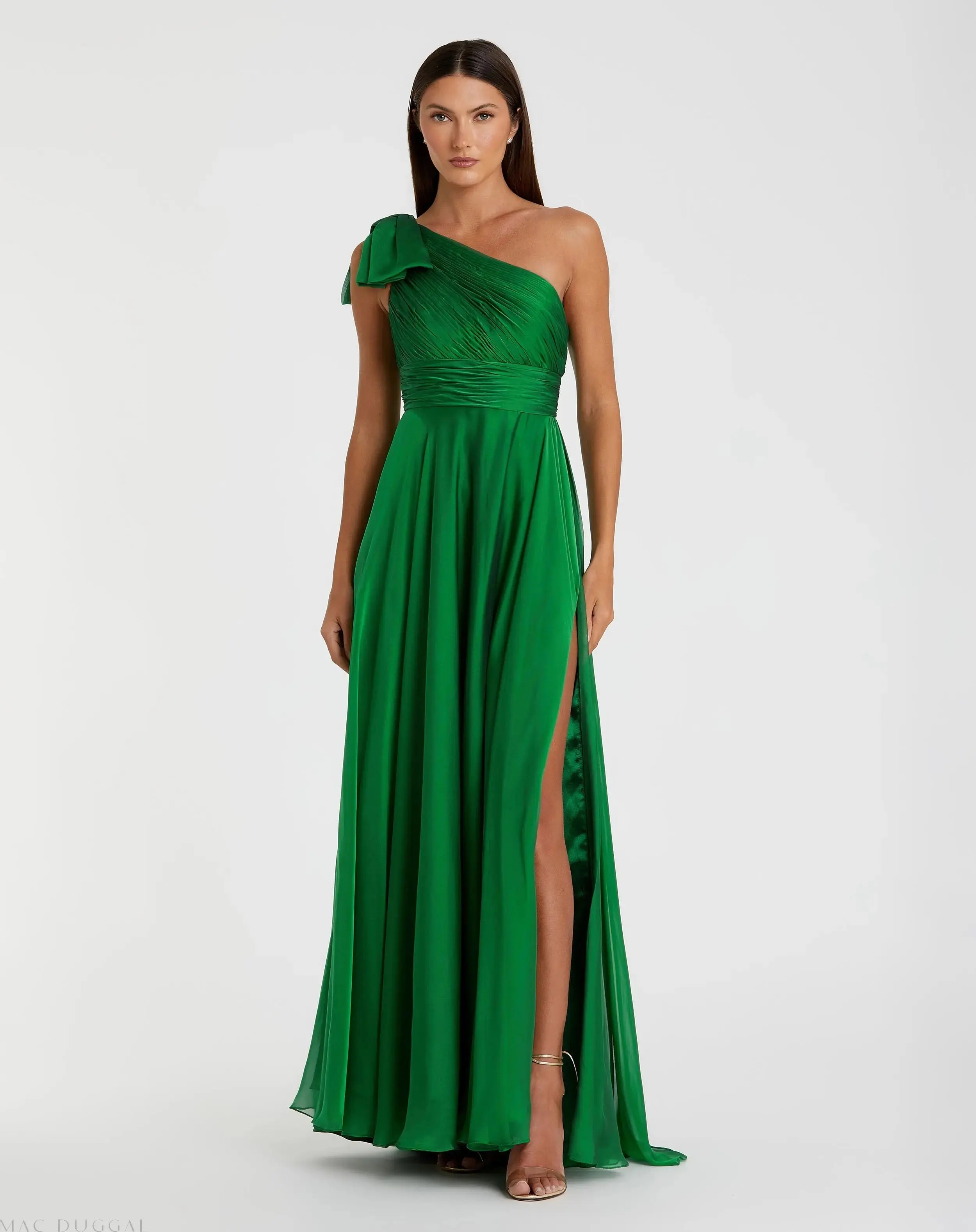 Green Sleeveless One Shoulder Pleated Gown | Mac Duggal