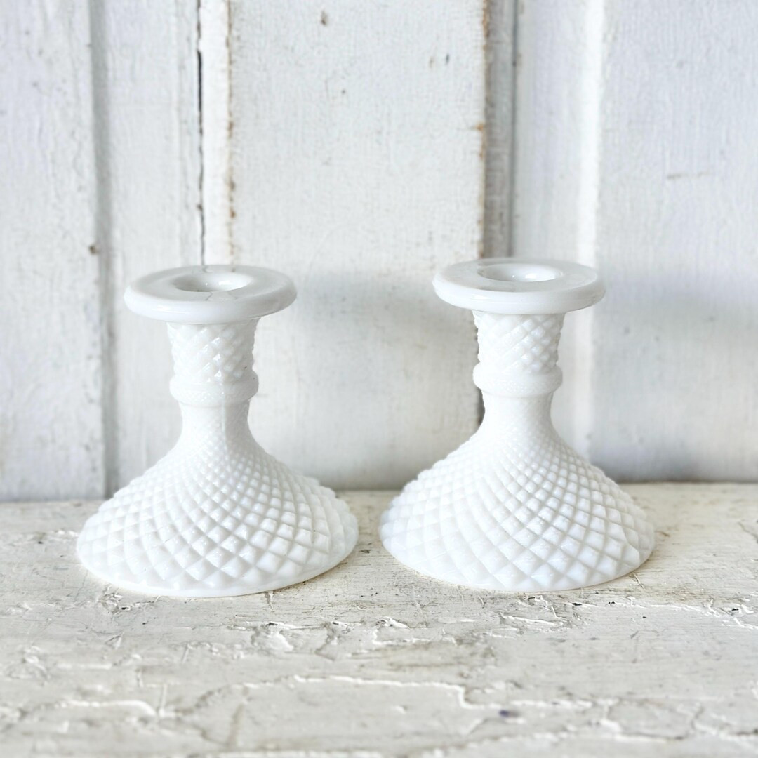 Vintage White Glass Milk Glass Candlesticks Westmoreland Diamond Quilt Candle Holder - Etsy | Etsy (US)