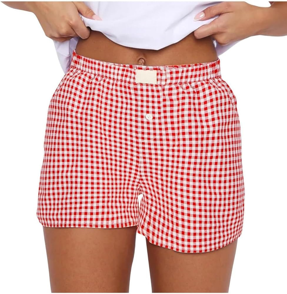 Women Pajamas Shorts Y2k Elastic Waist Plaid Boxer Shorts Cute Gingham Sleep Lounge Bottoms | Amazon (US)