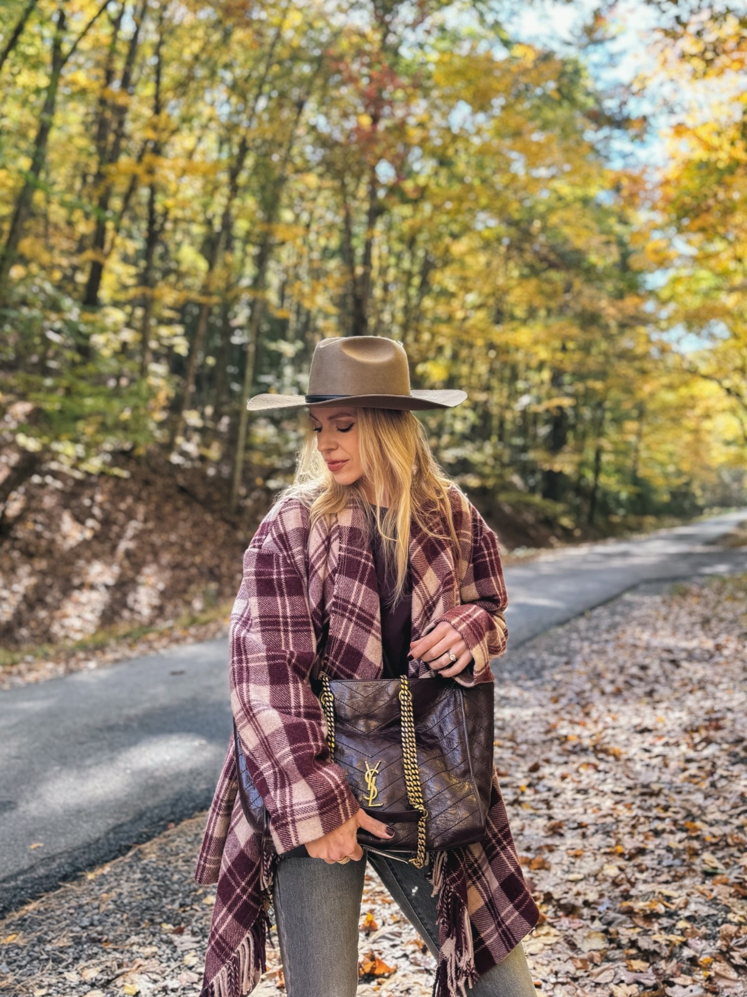 Western style outfit, @Janessa Leone wool cowboy hat, plaid fringe coat, burgundy bag