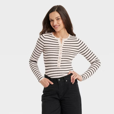 Women's Henley Pullover Sweater - Universal Thread™ Black/White Striped S | Target