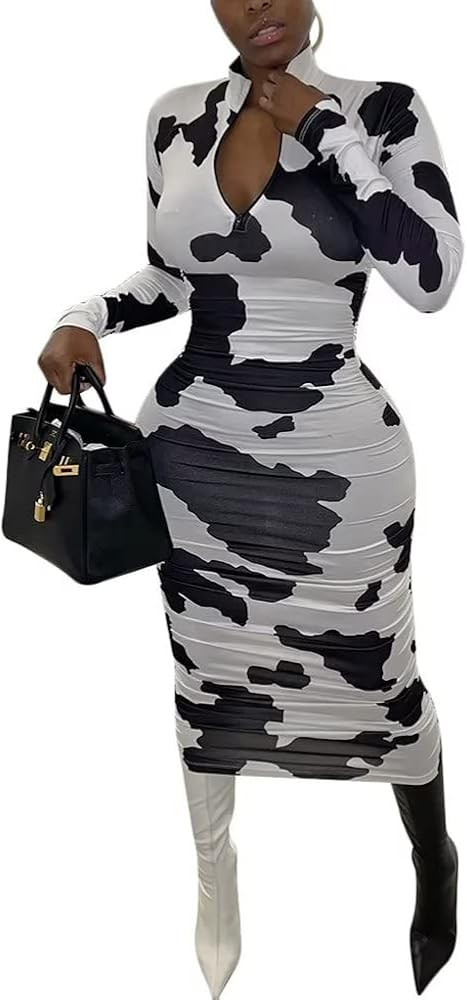 OLUOLIN Black Dresses for Women Long Sleeve - African Printed Bodycon Midi Dress S | Amazon (US)